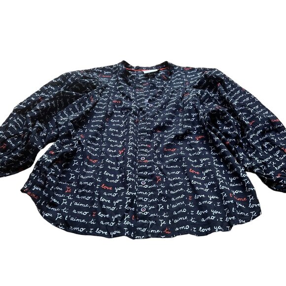 Anthropologie Laetitia Rouget Sz L Black Motif I Love You Puff Sleeve Blouse NWT - Picture 3 of 16